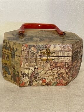 Vintage Illustrated Octagonal Trinket Box with Red Handle Jewelry Included